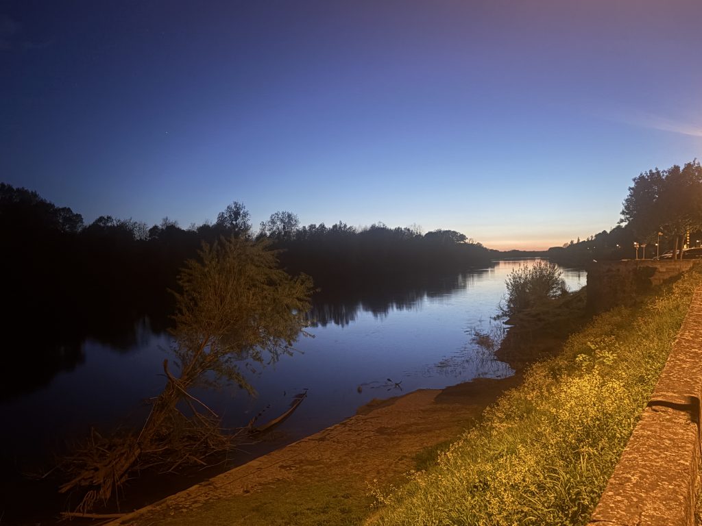 View of the Vienne river from an apartment in chinon in the Loire Valley at sunset
