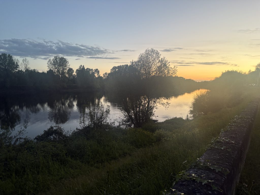 View of the Vienne river from an apartment in chinon in the Loire Valley at sunset
