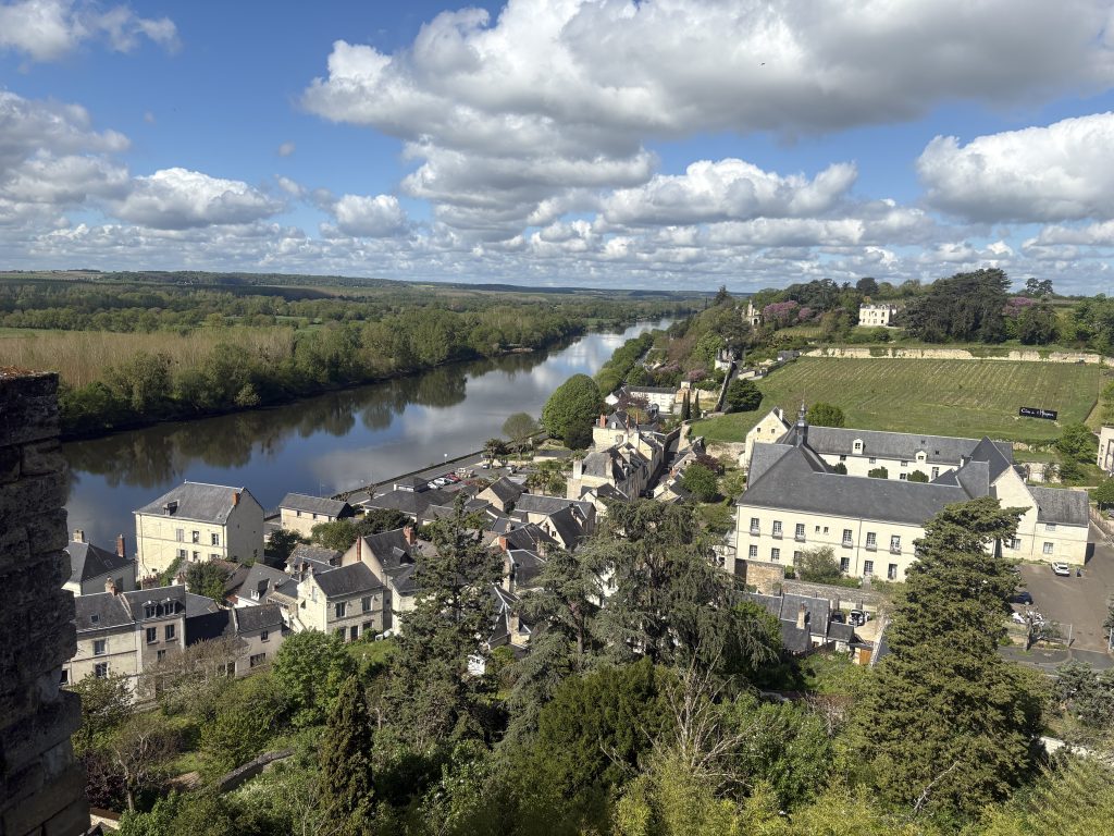 Panormaic view over the picturesque town of Chinon and the Vienne River seen from the ramparts of Chinon castle.