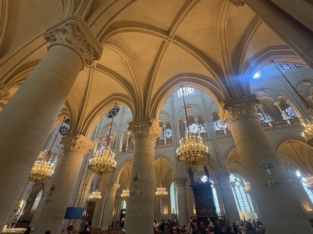 Columns and arches of the interior of Notre Dame Cathedral in Paris