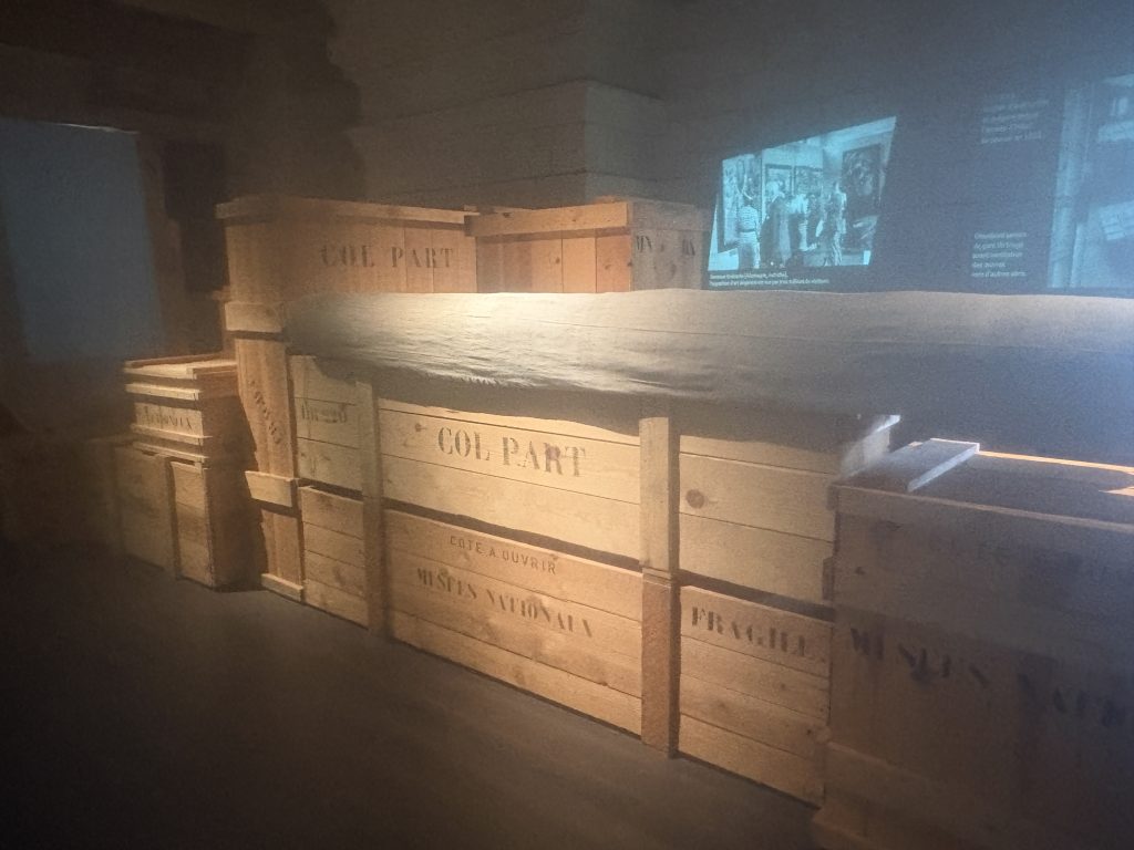 Crates containing art salvaged from the Louvre during Wolrd War II as part of an exhibition at Chambord chateau in the Loire Valley