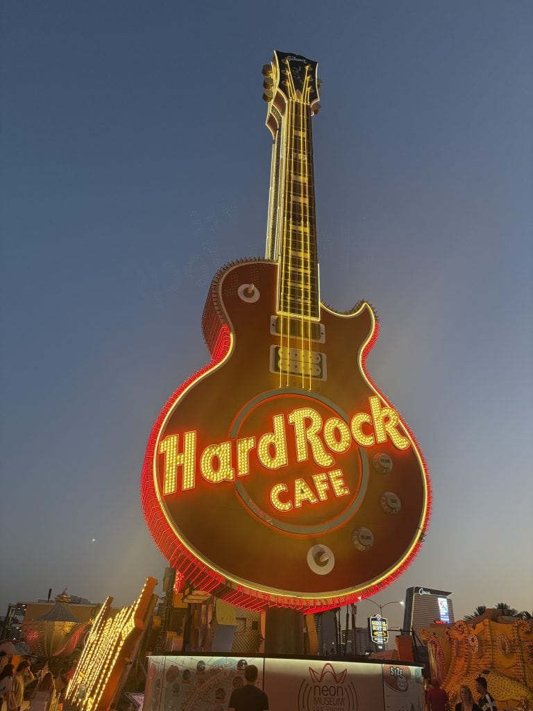 Illuminated giant guitar for the hard Rock Cave sign at the Neon Museum in Las Vegas