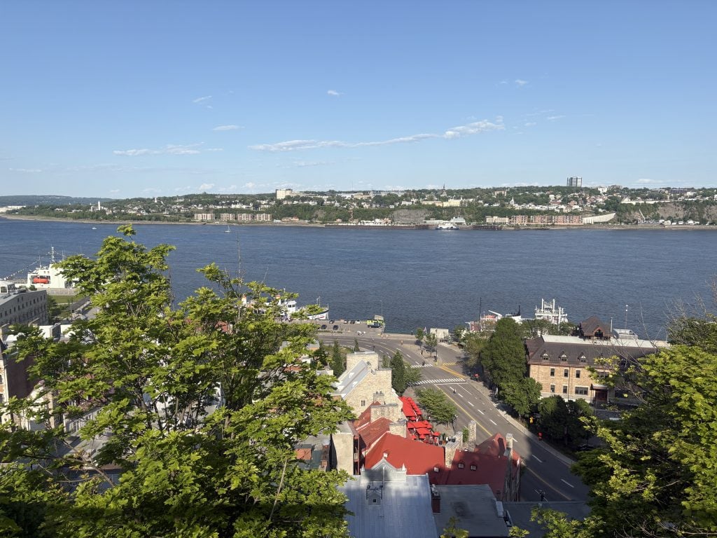 View of the St. Lawrence river and Old Quebec from Dufferin Terrace in Quebec City
