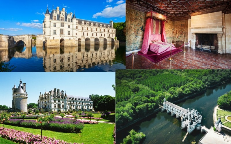 Four views of Chenincou chateau in the Loire Valley including a show to the chateau on the River Indre, the interior showing an elaborate bed, the exterior featuring the gardens with the chateau in the background and an aerial view of the chateau spanning the Indre River.