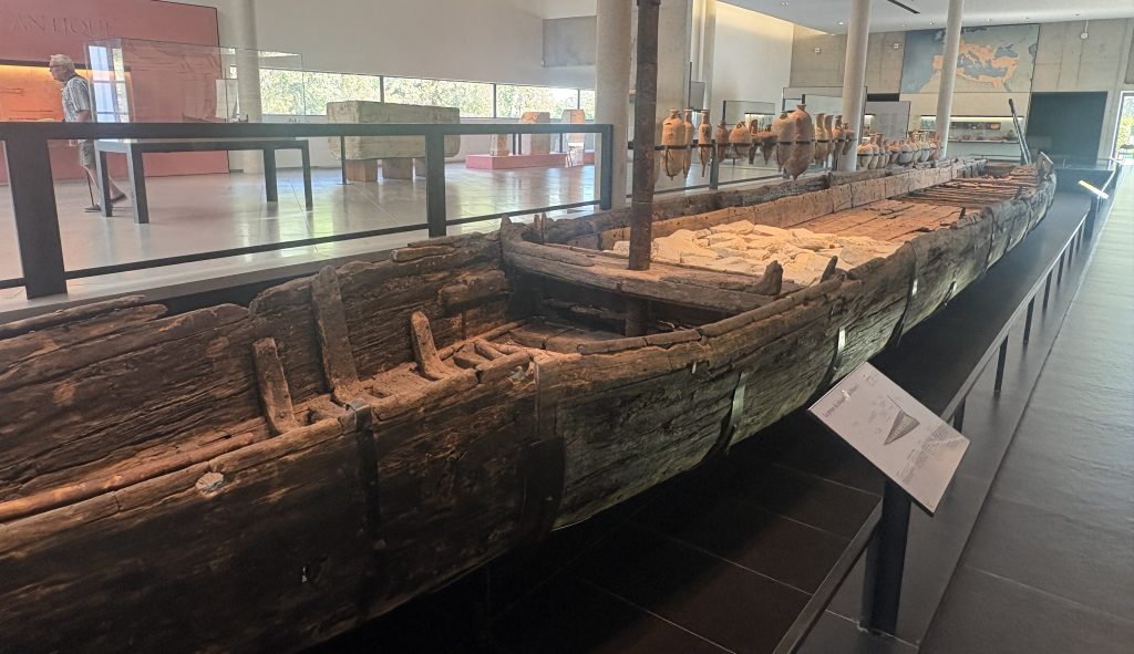 Portion of the 30 meter Roiman barge recovered from the Rhone and on display at the Musée Départemental Arles Antique (Museum of Ancient Arles and Provence)