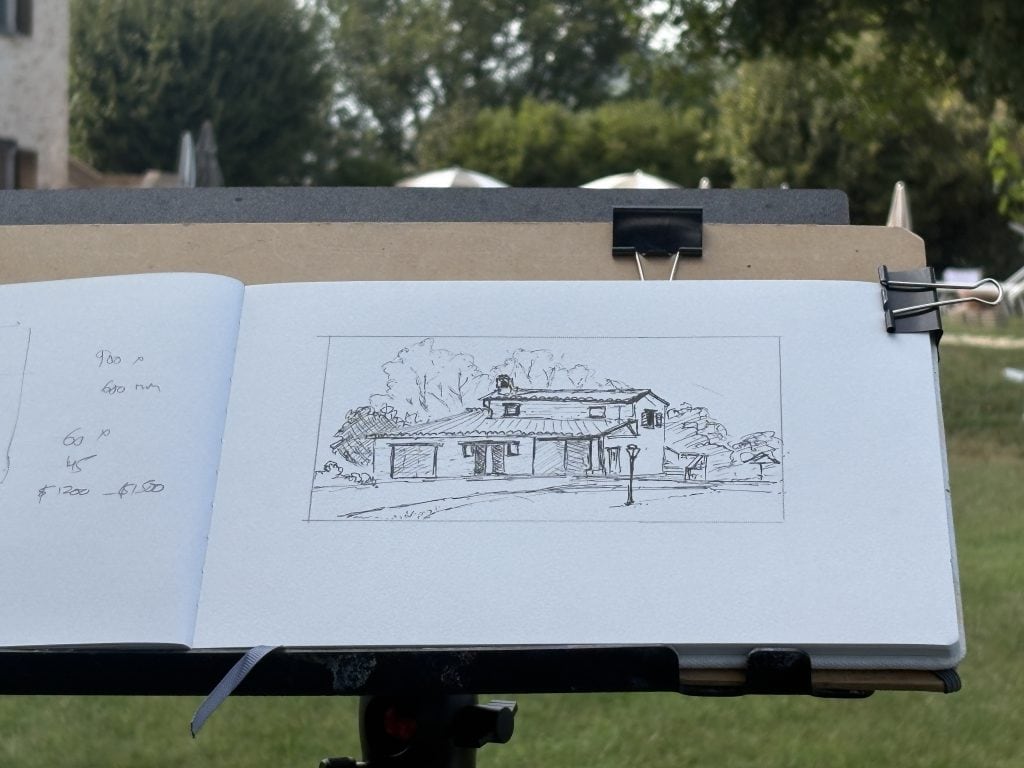 Closeup of the sketch made by Rod Moore at Italiana Tours Italian Sketchbook Retreat in the Marches, Italy