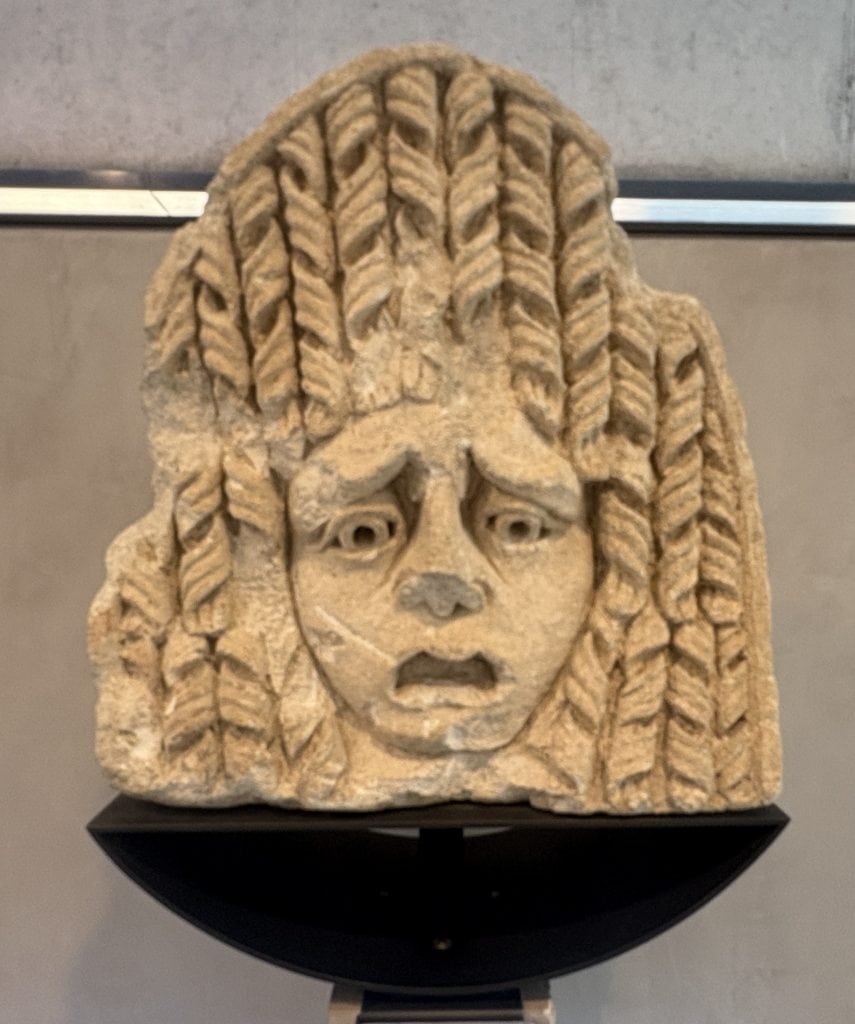 Tragedy mask in terracotta from Roman times on display at the Musée Départemental Arles Antique (Museum of Ancient Arles and Provence)