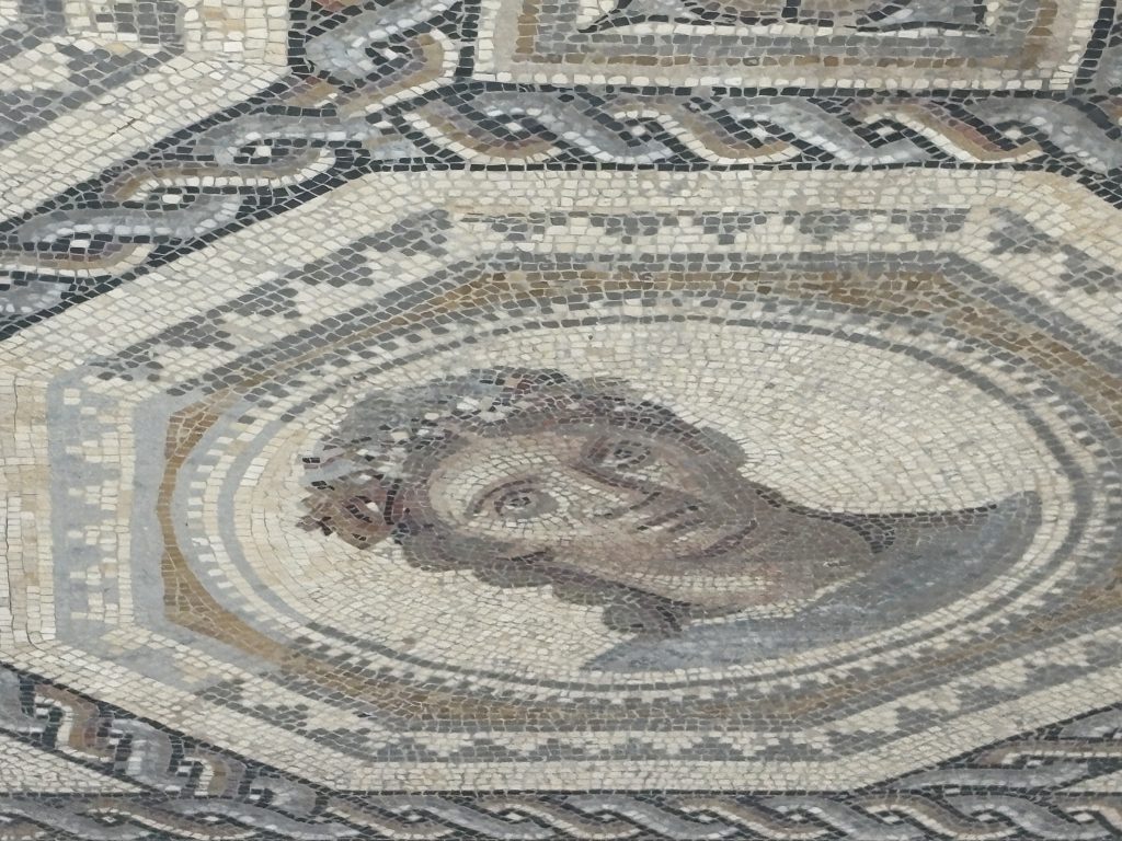 Portion of a large mosaic showing the head of a woman in a flower headdress on display at the Musée Départemental Arles Antique (Museum of Ancient Arles and Provence)