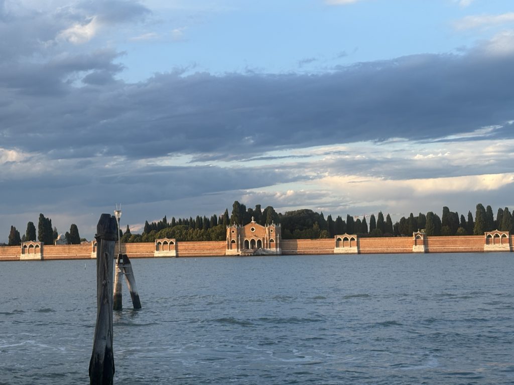 View of Isola di San Michele in the venice lagoon at sunset