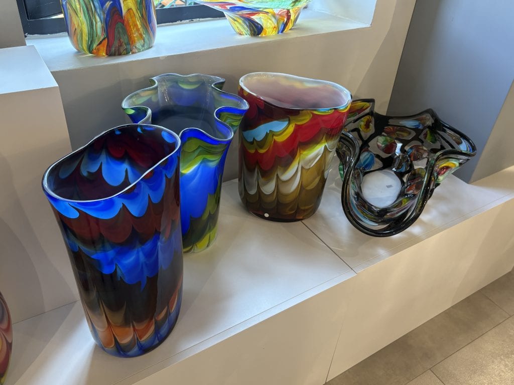 Colorful glass vases at a glass shop in Murano