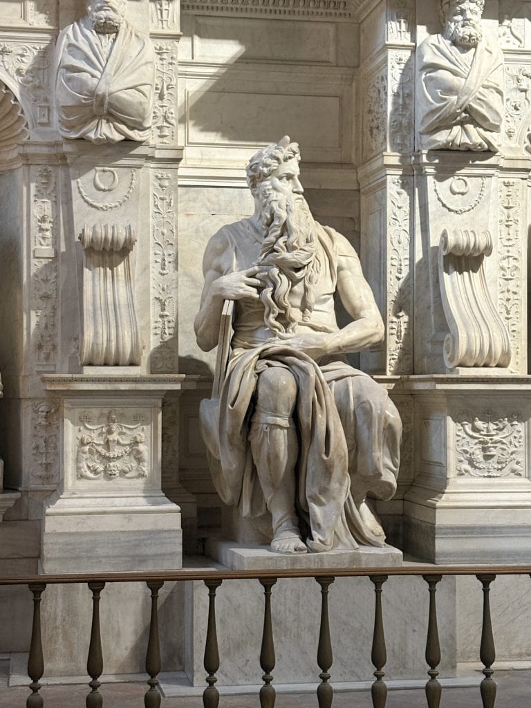Full view of Michelangelo's Moses statue in the Church of San Pietro in Vincoli taken  on a Photography Tour in Rome with Rome Photo Fun Tours.