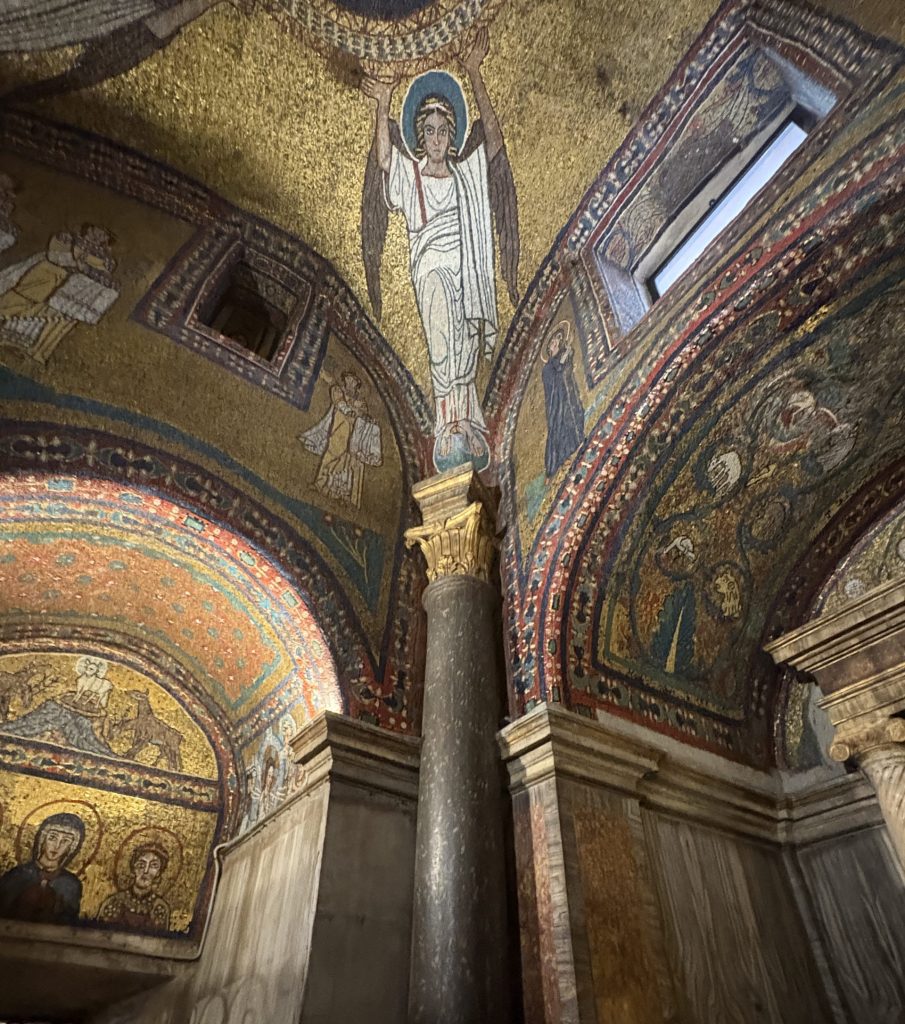 Byzantine style mosaic in a corner with arches taken at Santa Prassede church in Rome