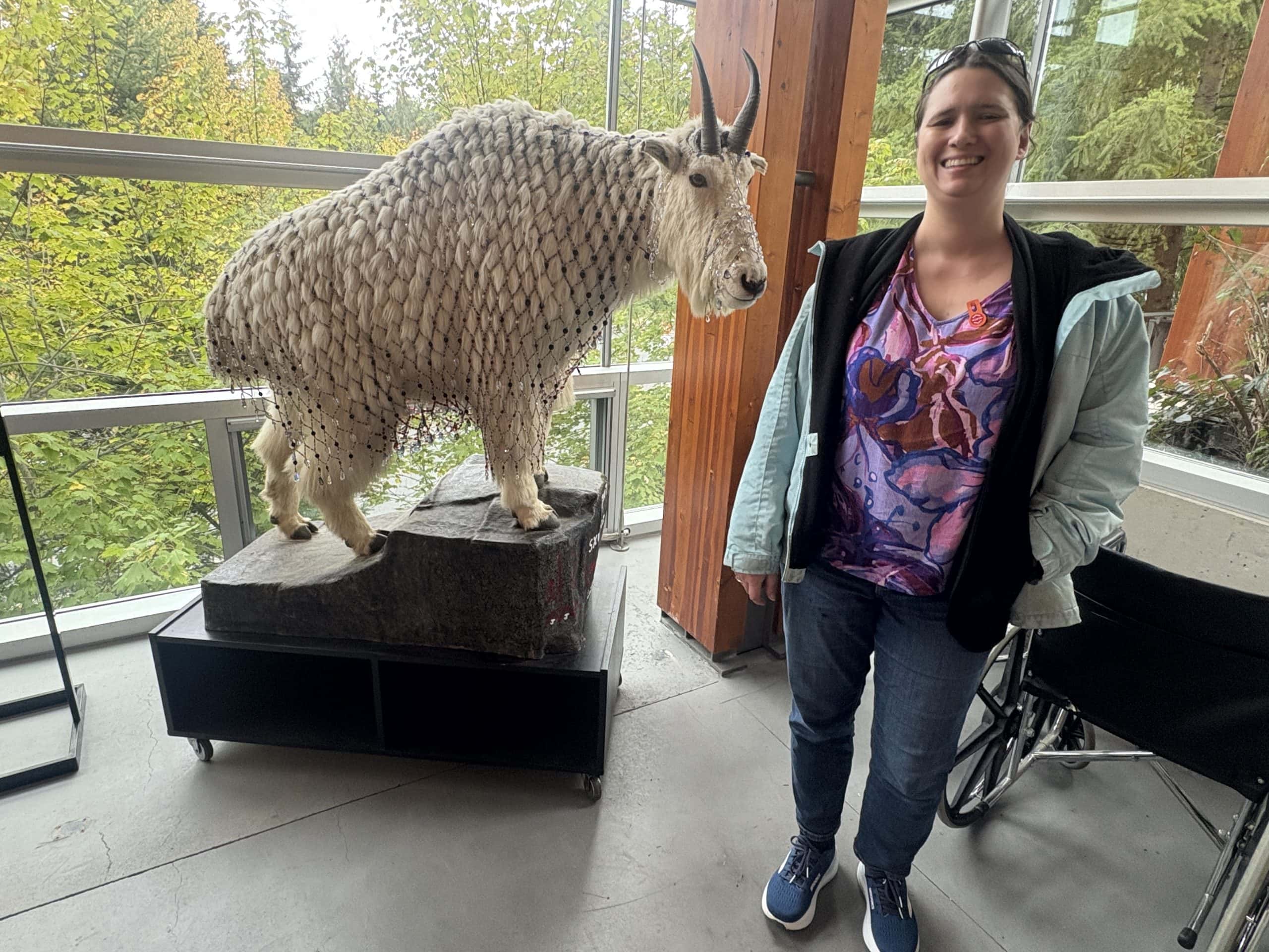 Julia with a mountain goat ta the Squamish Lil'wat Culturel Centre in Whistler, British Columbia