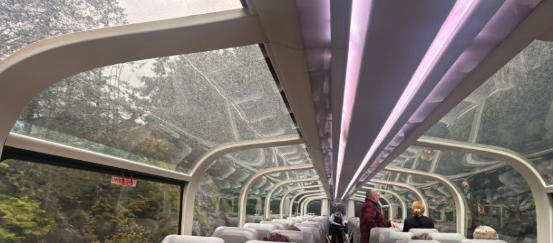 Dome car on the Rocky Mountaineer going through the west coast rainforest