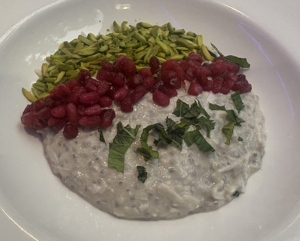 Chia pudding with pumpkin seeds, cranberries and mint served on the Rocky Mountaineer