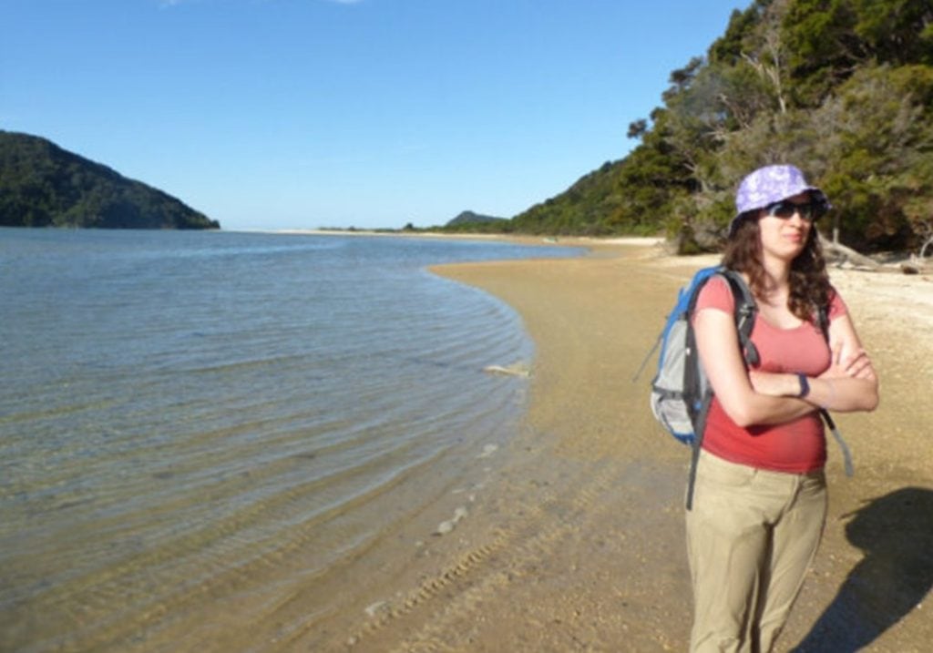 Julia is wet up to her armpits after crossing the estuary in Abel Tasman National Park in New Zealand