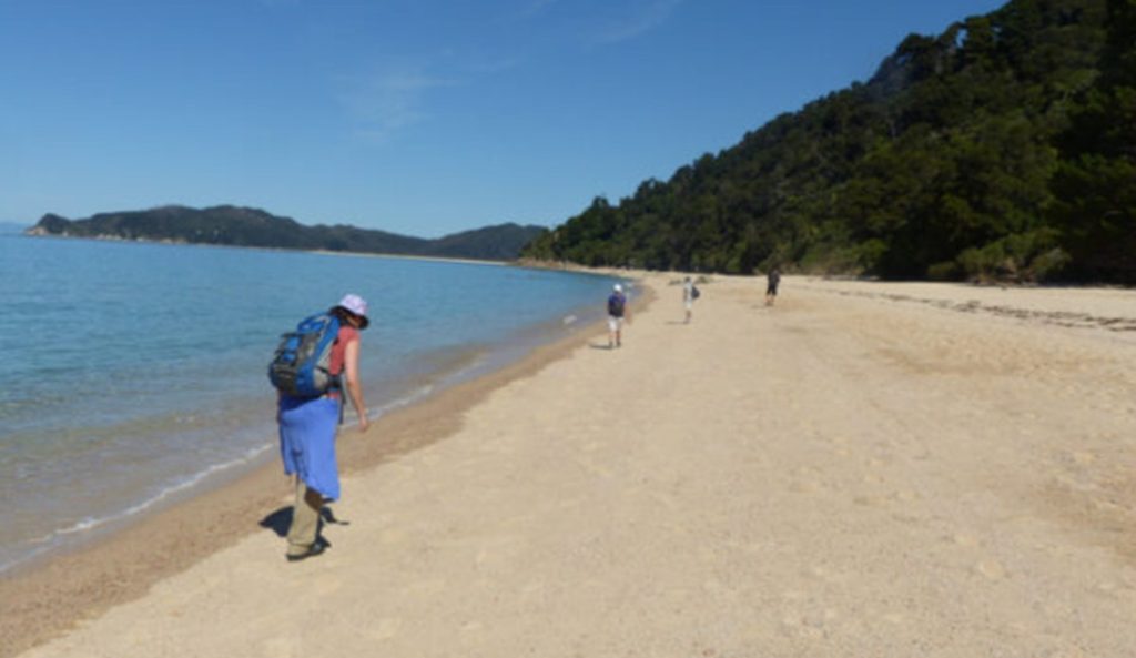 Walking along the sand , part of the track in the Abel Tasman National Park in New Zealand