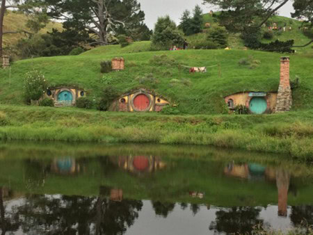 View of hobbit houses in Hobbiton on New Zealand's North Island