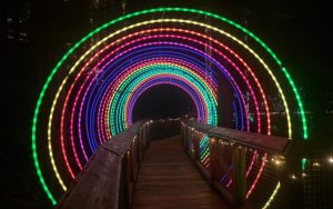 Tunnel made of bands multicolored lights at Canyon Lights at Capilano Canyon in North Vancouver Canada