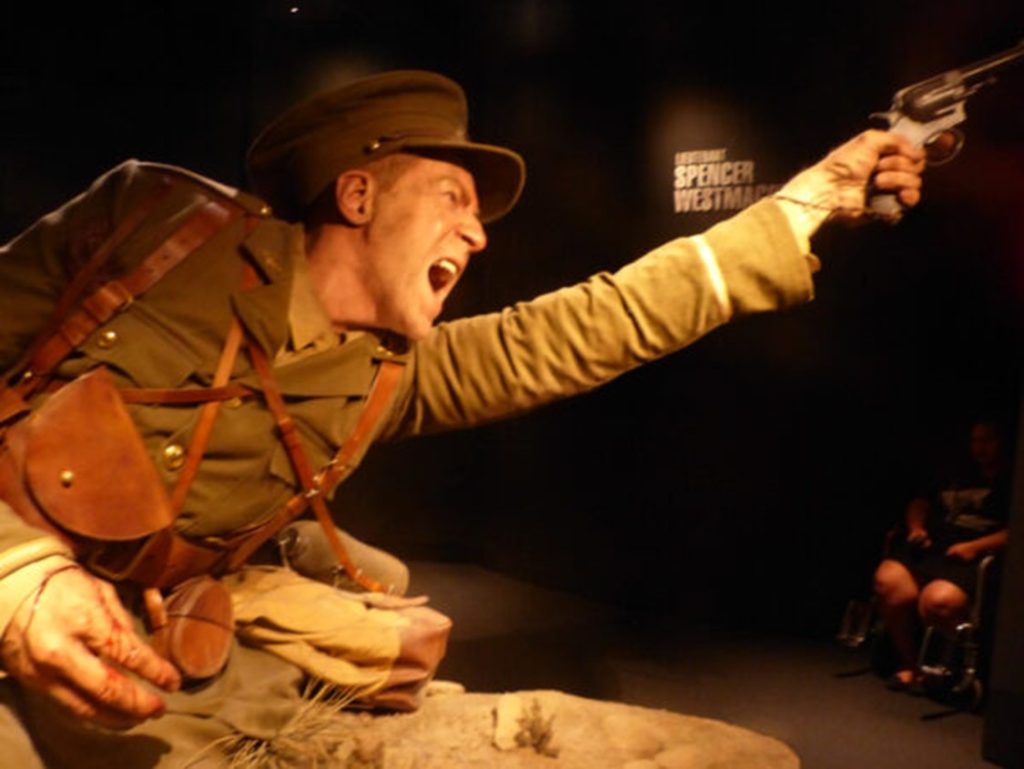 Model of an officer shooting a gun in the WWI trenches, part of the Gallipoli exhibition at Te Papa Museum in Wellington