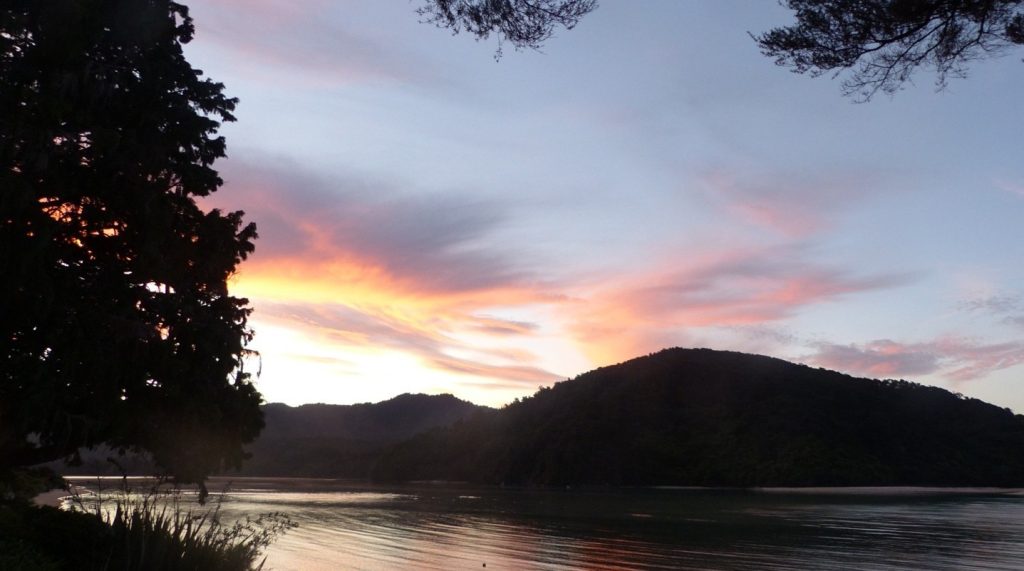 Sunset from Meadowbrook Lodge in Abel Tasman National Park in New Zealand