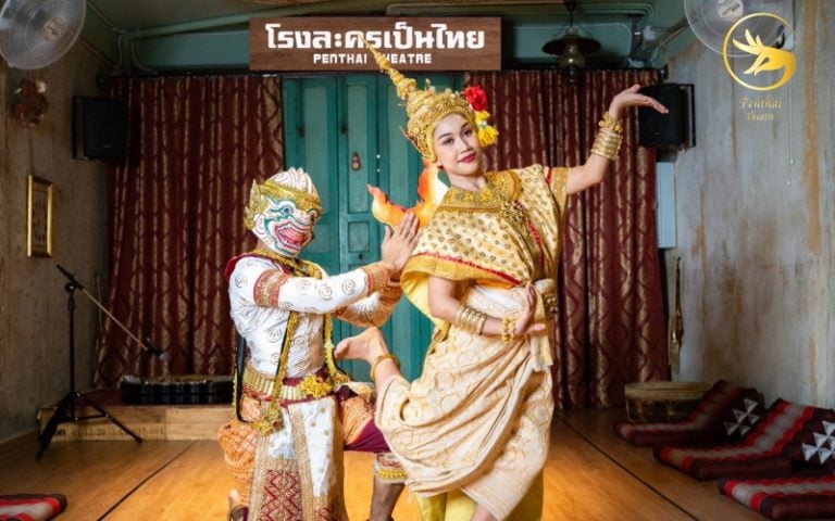 Khon masked dancer performing traditional Thai classical dance at Penthai Theatre Bangkok