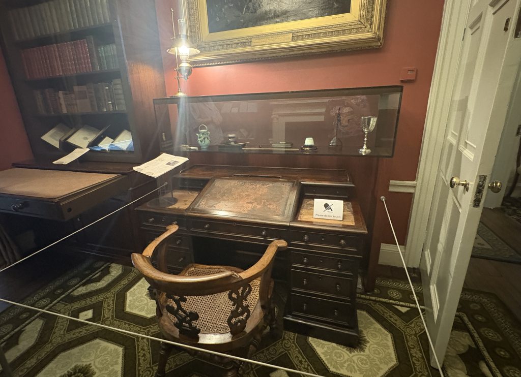 Desk and chair that Dickens wrote at in his study at the Charles Dickens Museum in London