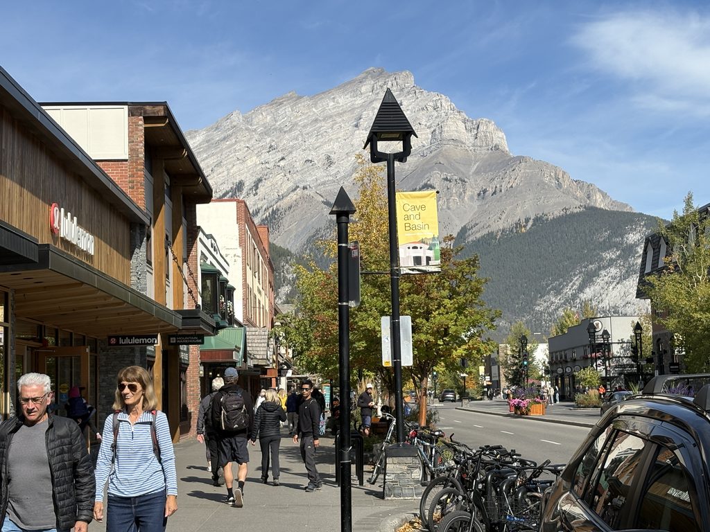 Shops and restaurants along Banff Avenue in downtown Banff