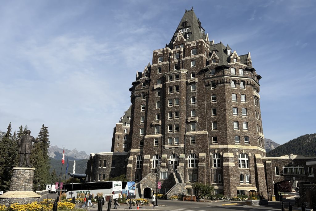 Stone facade and towers of the Fairmont Banff Springs Hotel
