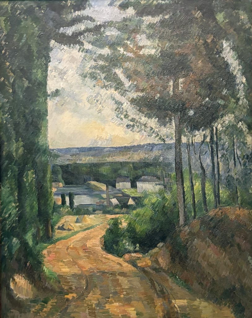 Paul Cézanne landscape with a road leading toward a pond, framed by trees