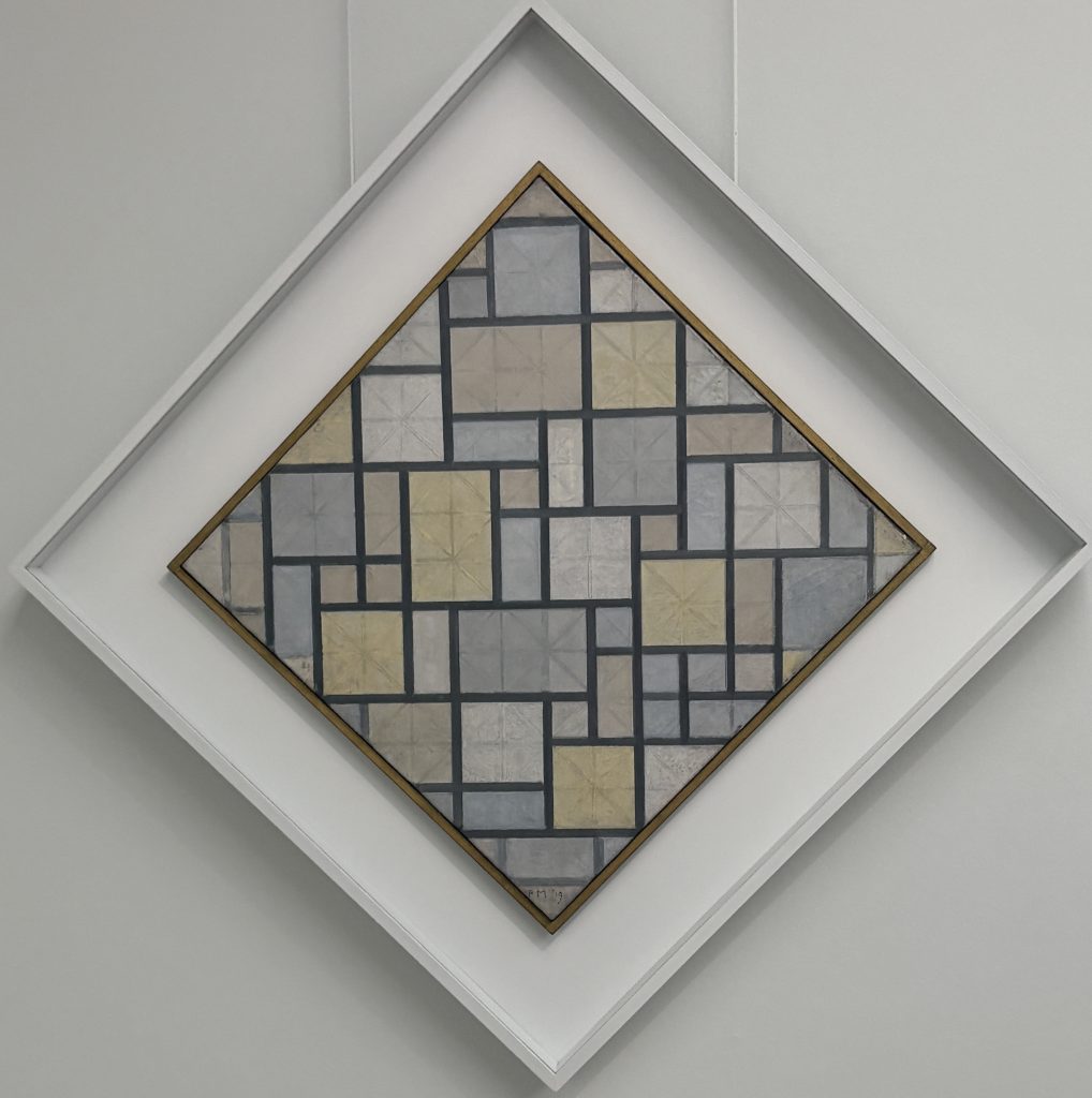 Piet Mondrian's diamond-shaped lozenge composition with a grid of soft pastel colours