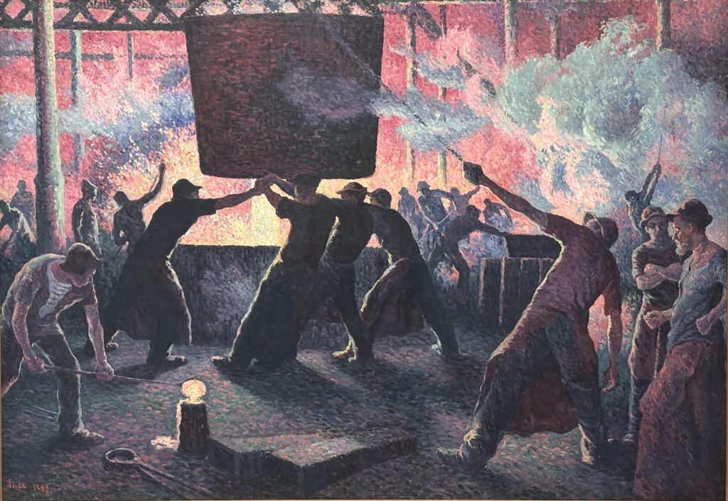 Maximilien Luce's The Iron Foundry, a Neo-Impressionist painting of workers in a glowing foundry