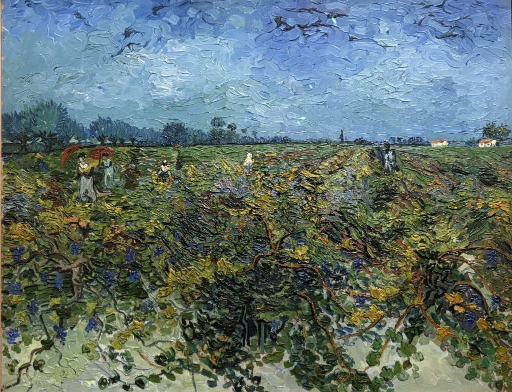 Van Gogh's thickly painted vineyard with blue grapes, figures with red parasols and a swirling blue sky