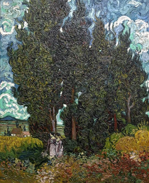 Van Gogh painting of dark, thickly painted cypress trees with two small women in the foreground