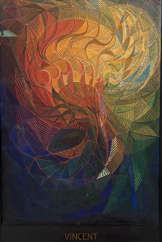 Vilmos Huszár's abstract portrait of Van Gogh in swirling orange, yellow, green and blue facets, labelled Vincent