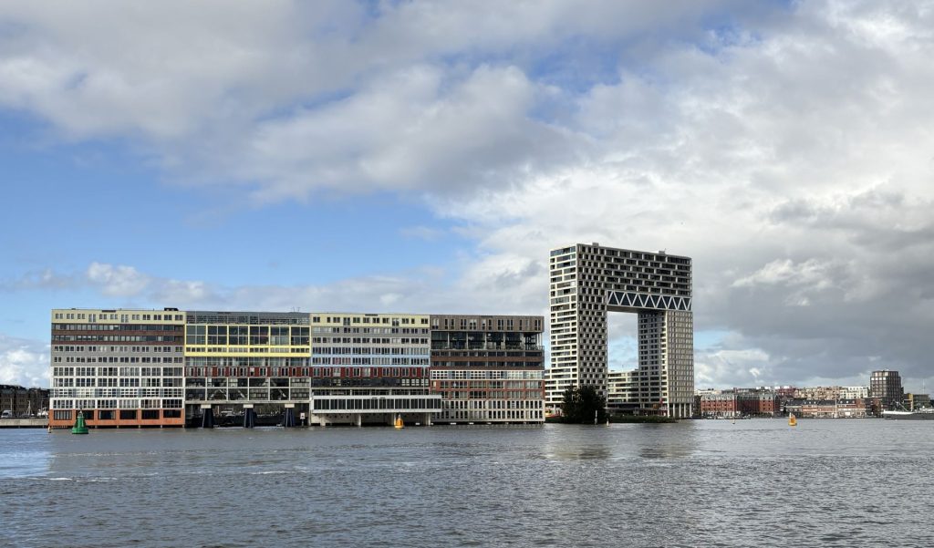 Silodam and Pontsteiger buildings seen from the NDSM ferry in Amsterdam